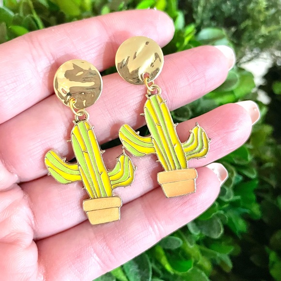 Gold Cactus Dangle Earrings - Picture 1 of 4